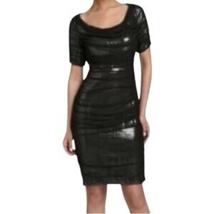 Tadashi Shoji Women Black Gold Bodycon Sequin Chiffon Ruched‎  Dress 6